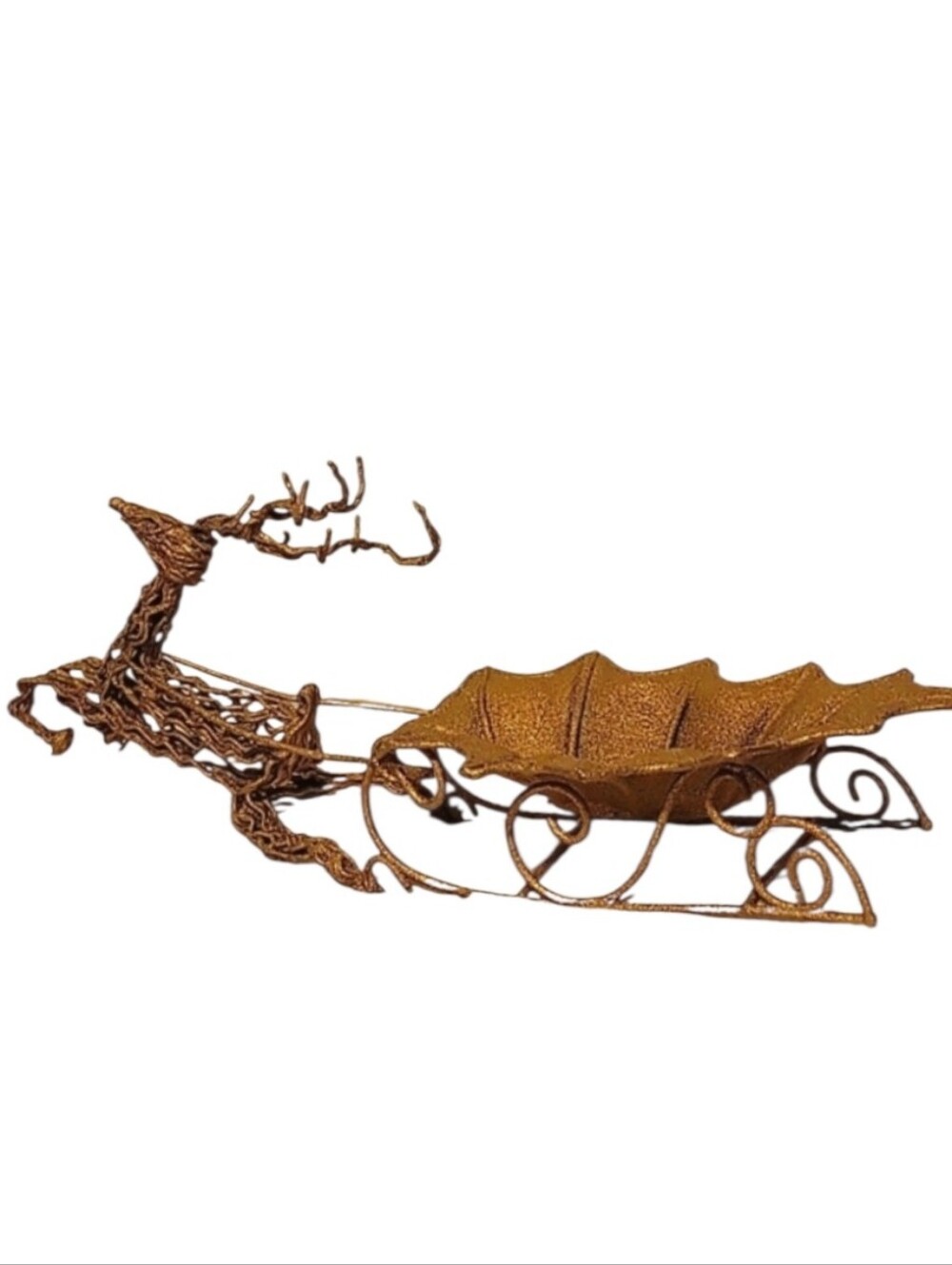 VTG Fabric Mache Christmas Reindeer & Sleigh Gold-Tone Finish 17"L x 5.5"W x7"H